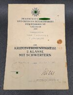 Urkunde Kriegsverdienstkreuz 2. Klasse 1939 mit Schwertern, 11./ Gr.Rgt.367