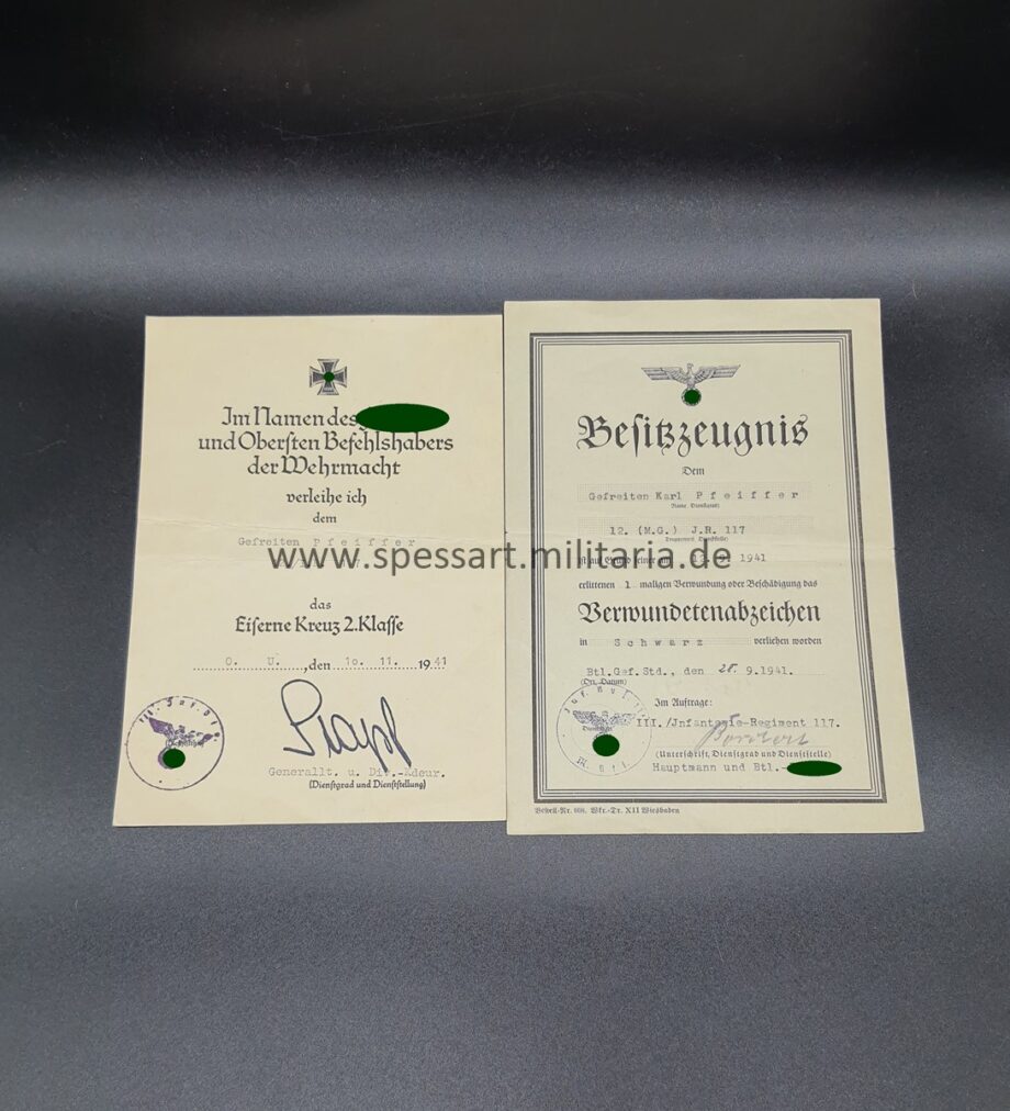 Urkunden Gefreiter Pfeiffer, 12. (M.G.) I.R.117