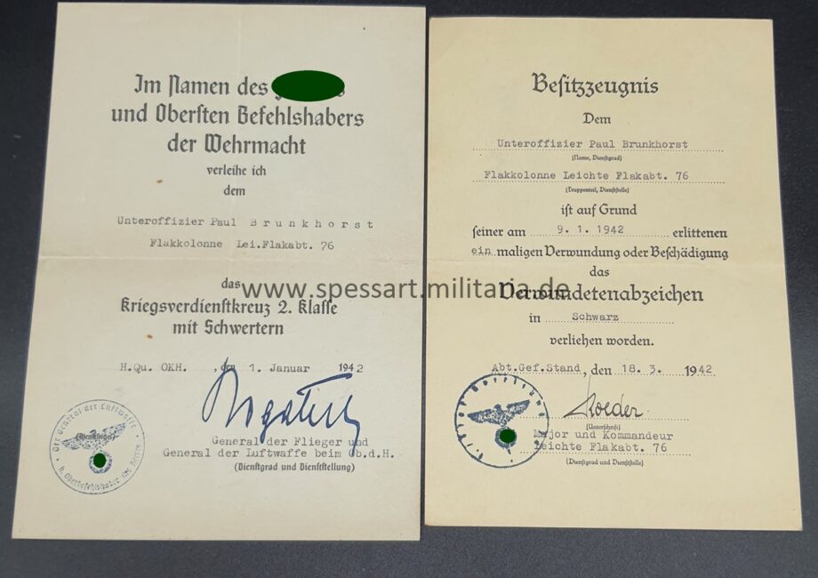 Urkunden des Wachtmeisters Brunkhorst, leichte Flakabteilung 76 (mot)
