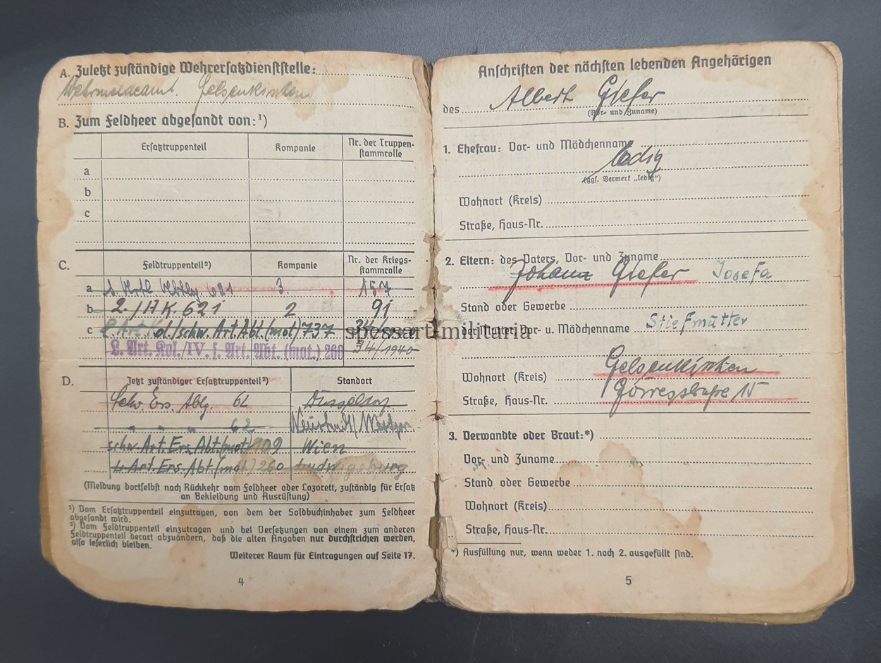 Wehrmacht Heer, Soldbuch des Stabsgefreiten Albert Giefer aus Gelsenkirchen, Panzer-Artillerie-Regiment 128, (23. Panzer-Division) Ostfront