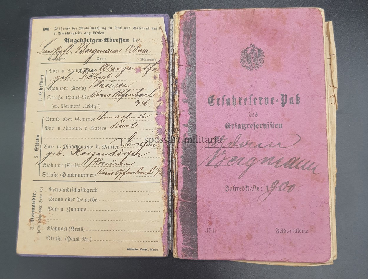 1.Weltkrieg, Militärpass des Gefreiten Adam Bergmann aus Hausen (Offenbach am Main) Stellungskämpfe Verdun, Argonnen, Champagne