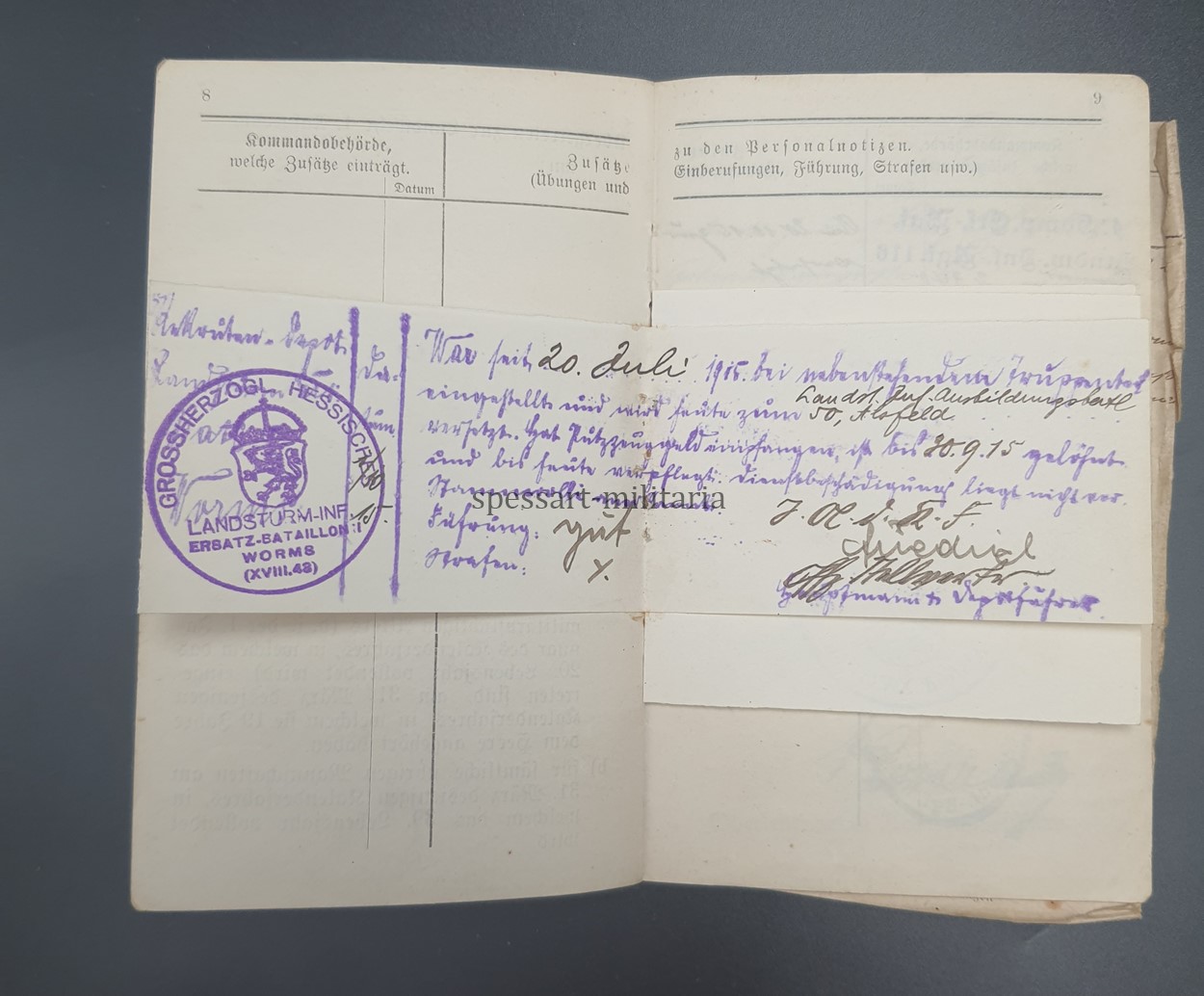 1.Weltkrieg, Militärpass des Gefreiten Adam Bergmann aus Hausen (Offenbach am Main) Stellungskämpfe Verdun, Argonnen, Champagne