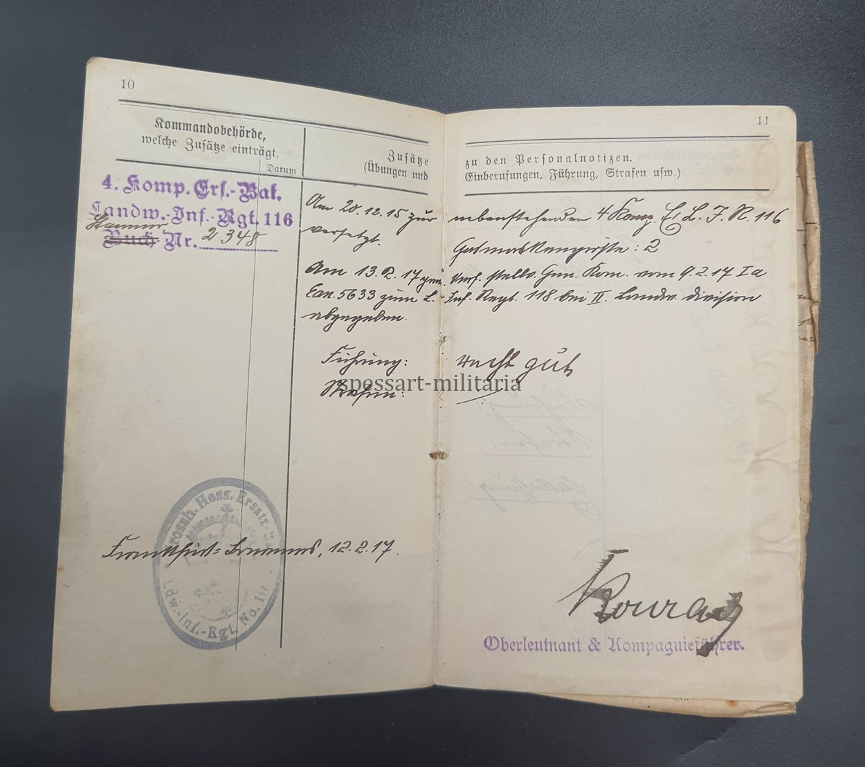 1.Weltkrieg, Militärpass des Gefreiten Adam Bergmann aus Hausen (Offenbach am Main) Stellungskämpfe Verdun, Argonnen, Champagne