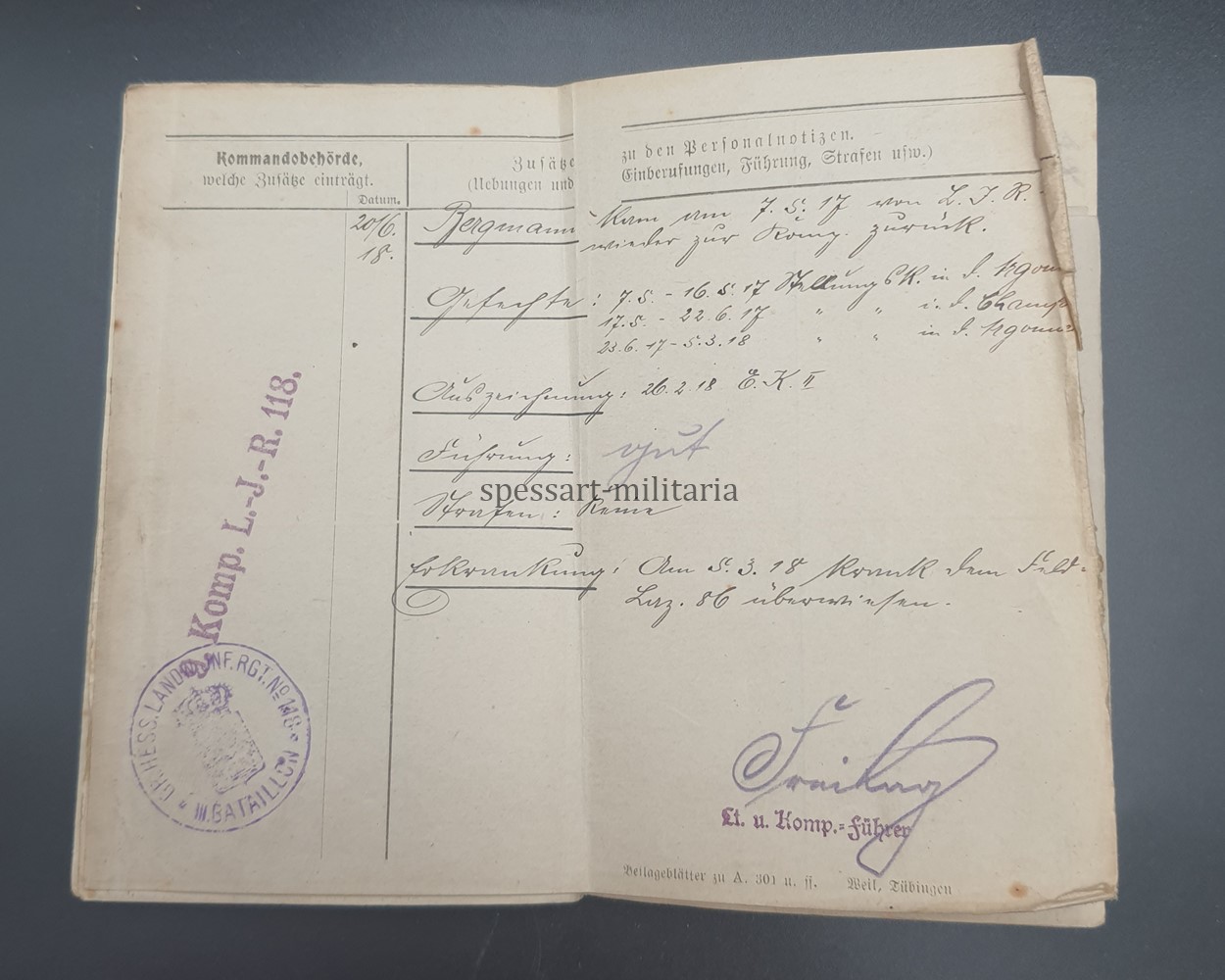 1.Weltkrieg, Militärpass des Gefreiten Adam Bergmann aus Hausen (Offenbach am Main) Stellungskämpfe Verdun, Argonnen, Champagne