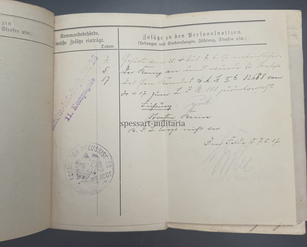 1.Weltkrieg, Militärpass des Gefreiten Adam Bergmann aus Hausen (Offenbach am Main) Stellungskämpfe Verdun, Argonnen, Champagne
