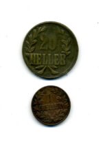 Deutsch Ost-Afrika 20 Heller 1916 T & 1 Heller 1905 J Notmünze