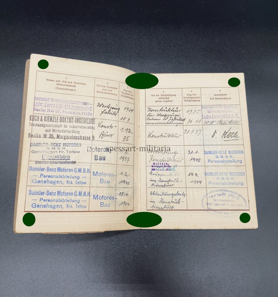 Wehrpass, Arbeitsbuch und Gestellungsaufforderung des Ingenieurs Rudolf Löffler aus Berlin (Zehlendorf), Flugmotoren Daimler-Benz Motoren Genshagen/Teltow – Bild 7