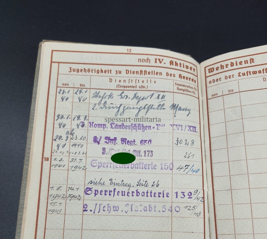 Wehrpass des Unteroffiziers Heinrich Thomas aus Oppenheim/Schornsheim, Inf. Rgt. 650, Sperrfeuerbatterie 132, 2./schw. Flakabt. 540 (Halle-Leuna) 14. Flak-Division – Bild 6