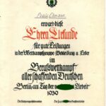 Ehren-Urkunde Berufswettkampf 1938 Wettkampfgruppe Bekleidung u. Leder, Paula Ehmann