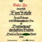 Ehren-Urkunde Berufswettkampf 1938 Wettkampfgruppe Bau Walter Iser