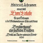 Ehren-Urkunde Berufswettkampf 1938 Wettkampfgruppe Eisen und Metall, Heinrich Schramm