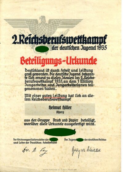 Beteiligungs-Urkunde 2.Reichsberufswettbewerb 1935