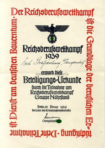 Beteiligungs-Urkunde Reichsberufswettkampf 1939 Gruppe Nährstand Straßenburg