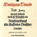 Beteiligungs- Urkunde Reichsberufswettkampf 1939 Rott Franz