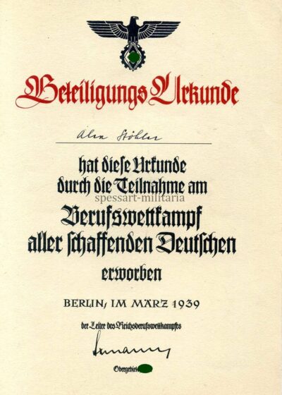 Beteiligungs- Urkunde Reichsberufswettkampf 1939 Alen Stöhler