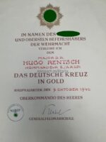 Große Verleihungsurkunde Deutsches Kreuz in Gold Major der Reserve Hugo Rentsch, Kommandeur II/A.R.251(251 I.D.) – Bild 2