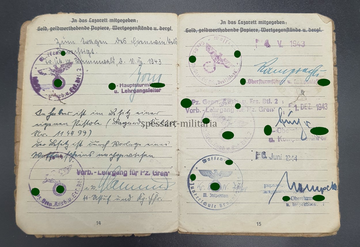 Waffen-SS Soldbuch des SS-Untersturmführers Armin Barmeier aus Wattenscheid, 17.SS-Panzergrenadier-Division "Götz von Berlichingen" Regiment 38