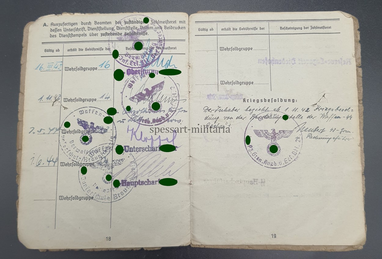 Waffen-SS Soldbuch des SS-Untersturmführers Armin Barmeier aus Wattenscheid, 17.SS-Panzergrenadier-Division "Götz von Berlichingen" Regiment 38