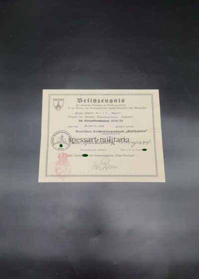 Besitzzeugnis Kriegerdenkmünze 1914/18 Kyffhäuser, Echzell bei Friedberg