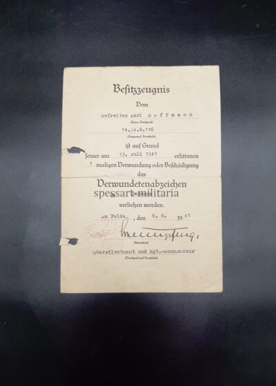 Besitzzeugnis Verwundetenabzeichen Schwarz, 14.Inf.Rgt.116, Gießen, Shitomir Urkraine
