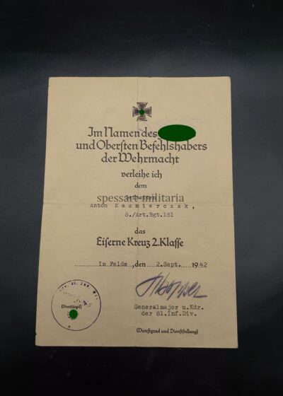 Urkunde Eisernes Kreuz 2. Klasse 8.Art.Rgt 181, Demjansk, Staraja