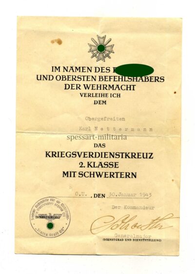 Urkunde Kriegsverdienstkreuz 2. Klasse mit Schwertern, Zentrale Außenstelle für die Wehrmacht Kraftfahrzeugverordnung Ost, "Zentra Kraft Ost"