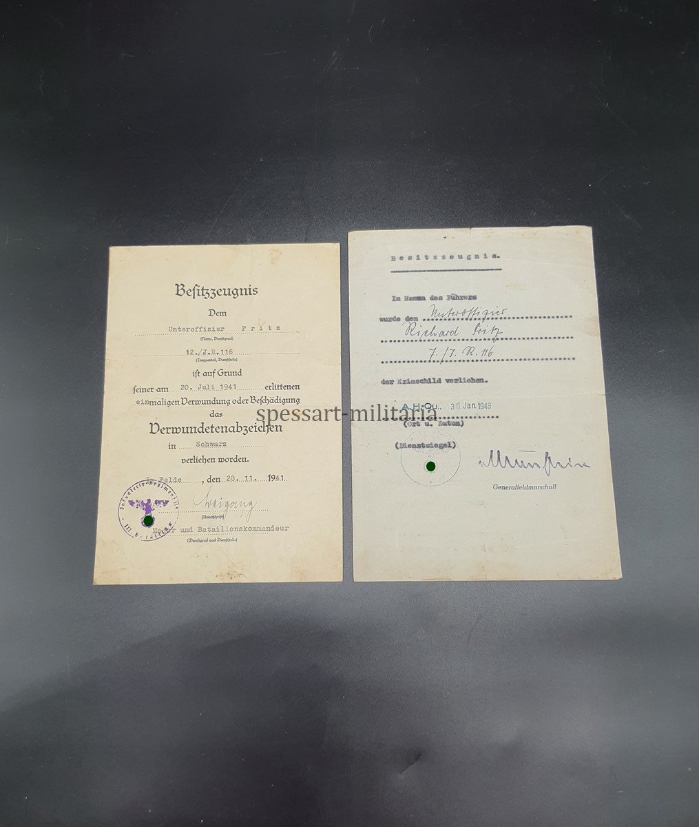 20260819_115247 2er Urkundengruppe des Unteroffiziers Richard Fritz, Infanterie Regiment 116, (9.Infanterie-Division) Kiew, Krim (Ostfront) – Bild 1