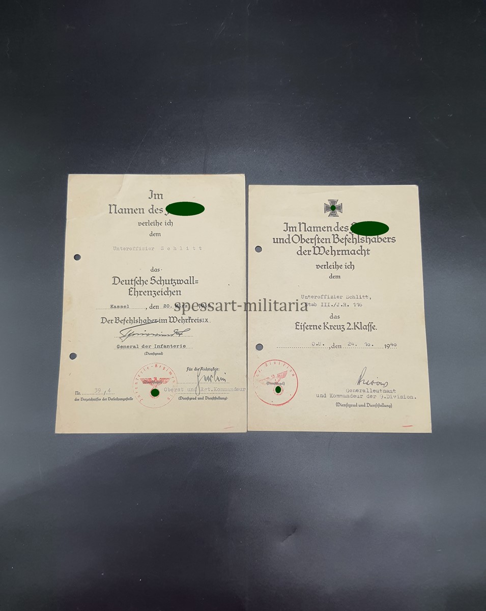 20260819_115313 2er Urkundengruppe des Unteroffiziers Schlitt, Stab III./Infanterie Regiment 116, (9.Infanterie-Division) Nordfrankreich (Westfront) – Bild 1