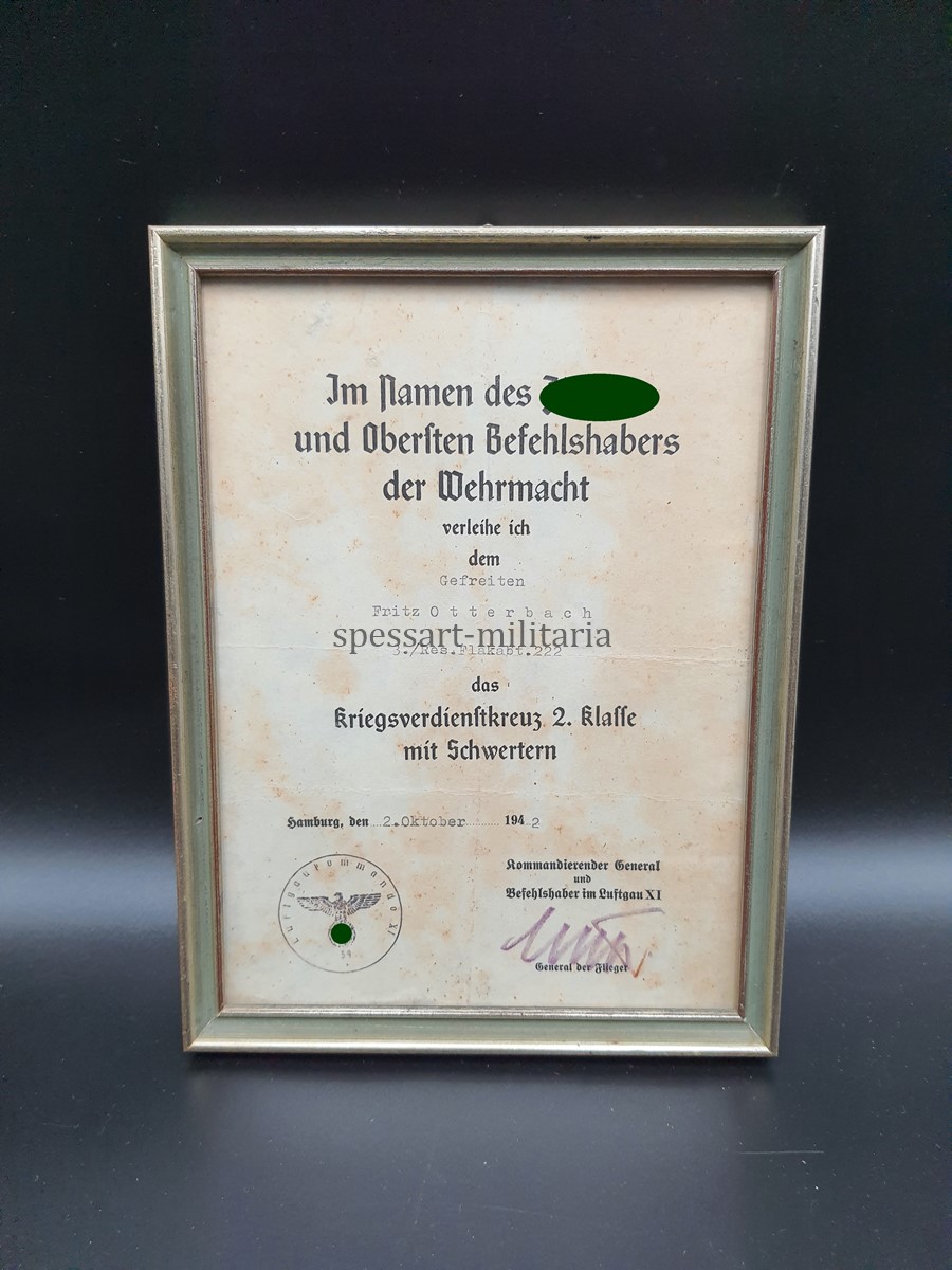 20261011_144512 Urkunde Kriegsverdienstkreuz 2.Klasse mit Schwertern, 3.Res.Flakabt.222 – Bild 1