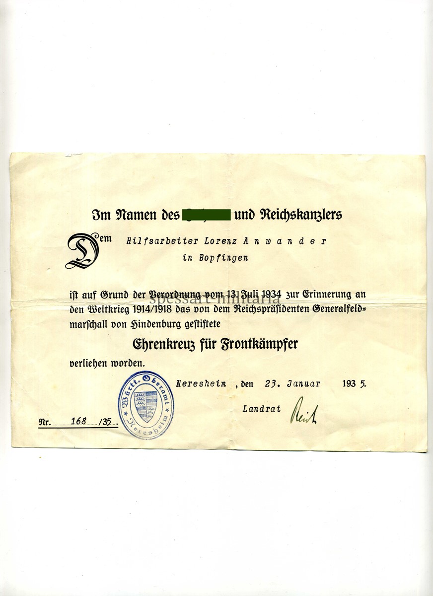 img017z Urkunde Ehrenkreuz für Frontkämpfer 1914/1918 Neresheim/Bopfingen – Bild 1