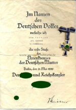 Ehrenkreuz der Deutschen Mutter in Gold mit Urkunde