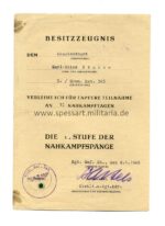 Urkunde Nahkampfspange Bronze Oberleutnant, 5./Gren.Rgt.385, Verleihung 1945