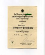 Urkunde Eisernes Kreuz 2. Klasse Leutnant Förster