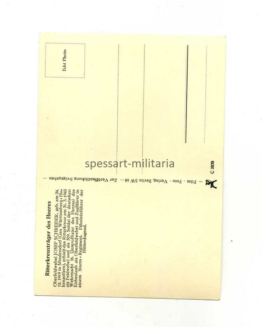 Postkarte Oberfeldwebel Josef Schreiber